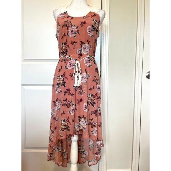Inspired Hearts Floral High-Low Maxi Dress Size L Lace Detail Rope Belt Romantic - Picture 1 of 8